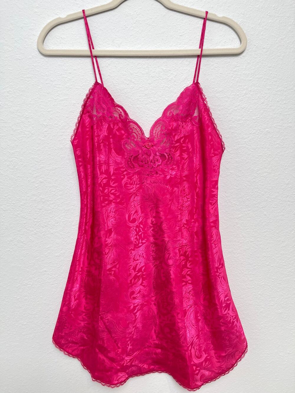 Vintage Deena Pink Satin Jacquard Lace Slip Nightgown Small Y2K Lingerie